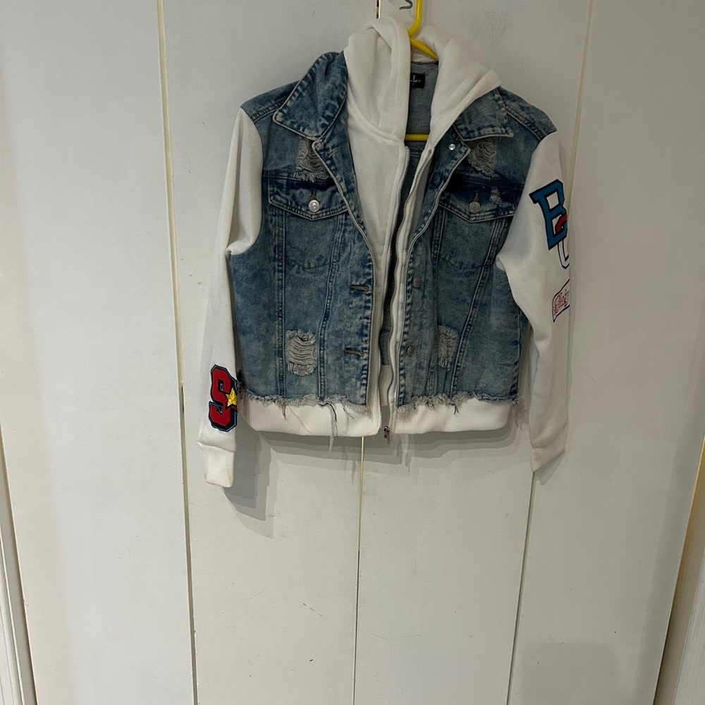 Thrill Blue and White Kids Jean Jacket
Please see stain on hood
